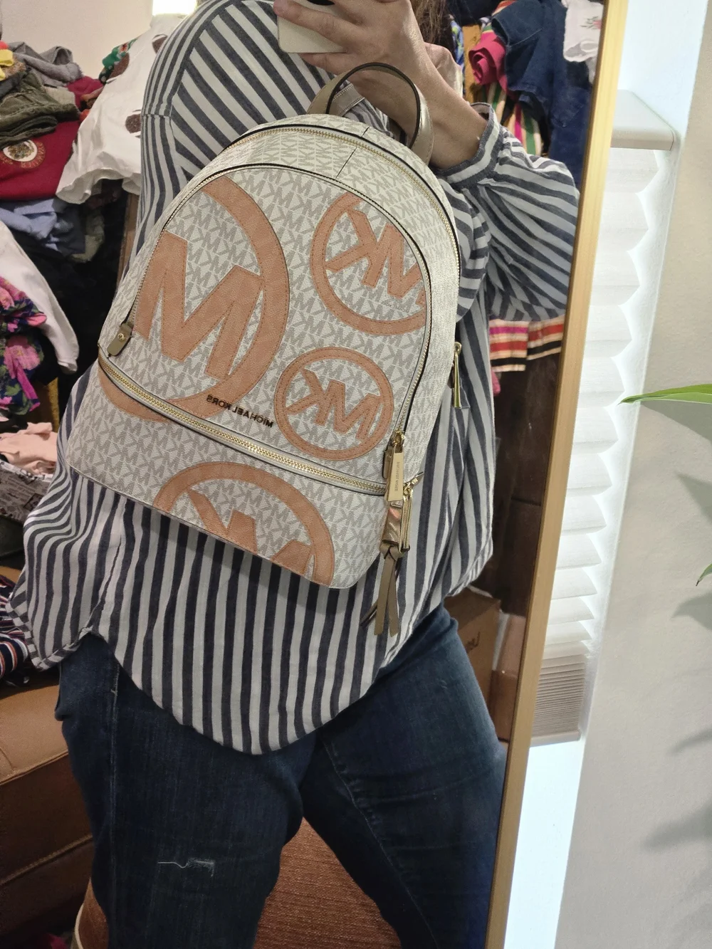 Michael Kors Rhea Zip Medium Backpack — Vanilla/Acorn MK Logo